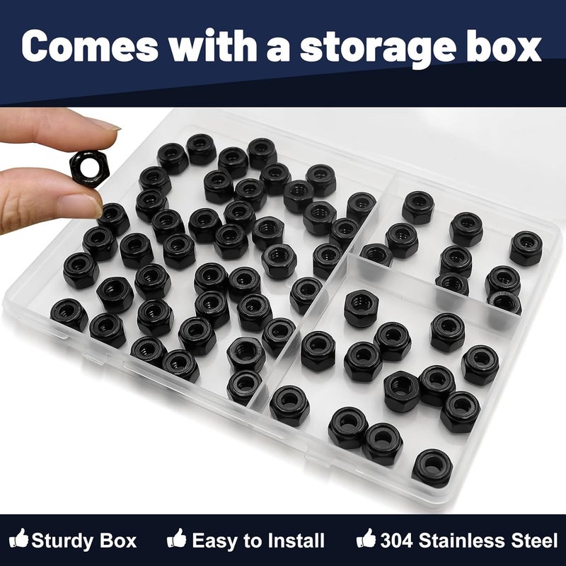 ZQZ 1/4"-20 Black Nylon Lock Nuts, 65PCS 304 (A2-70) Stainless Steel Nylon Insert Locknuts, Black Oxide, Coarse Thread Nylock Nuts - Image 5